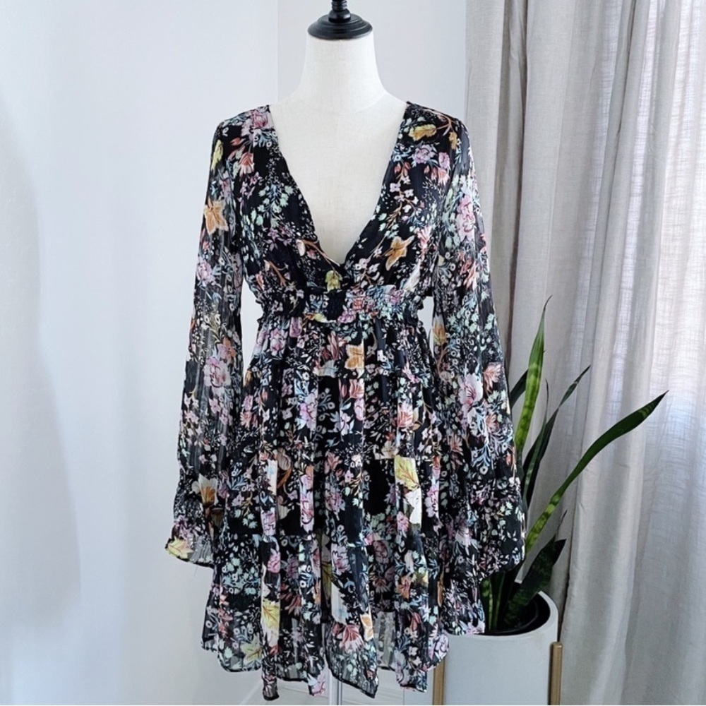 FREE PEOPLE Closer To The Heart Mini Black Floral Boho Dress XS - Picture 2 of 16